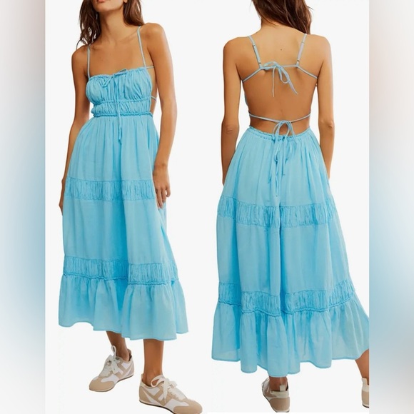 NEW FREE PEOPLE Taking Sides Tiered Cotton Maxi splash Blue Dress sz M - Picture 1 of 6